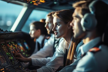Team of airline pilots in a cockpit focused on flying during a flight mission