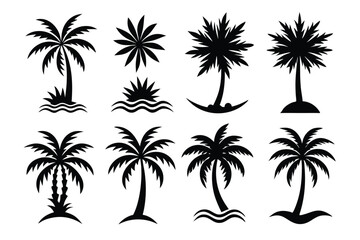 Fototapeta premium Simple Vector Palm Tree silhouette SVG icons and Beach Logo Designs in black and white and transparent background PNG file with Suns Clouds and Islands in the Ocean
