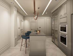 The interior of the kitchen was designed as a combination of classic modern and glamour styles. Grey decorative fronts of cabinets harmonize with black marble and golden details. 3d illustration