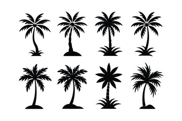 Fototapeta premium Simple Vector Palm Tree silhouette SVG icons and Beach Logo Designs in black and white and transparent background PNG file with Suns Clouds and Islands in the Ocean