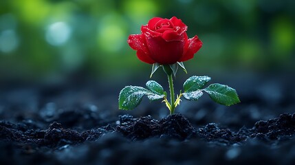 A single red rose blooms in dark soil, showcasing resilience and beauty against adversity.