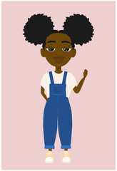 Petite fille noire afro couettes salopette coucou salue grand sourire heureuse vecteur