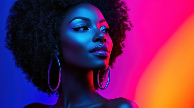 a woman with big earrings and a colorful background