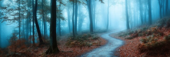 A winding path through a mystical forest, shrouded in a veil of blue fog. The scene evokes feelings of tranquility, mystery, and the passage of time. The trees stand tall and ancient
