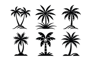 Simple Vector Palm Tree silhouette SVG icons and Beach Logo Designs in black and white and transparent background PNG file with Suns Clouds and Islands in the Ocean