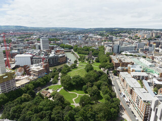 Drone aerial Bristol, Castle Park, England UK. Houses, river and cityscape