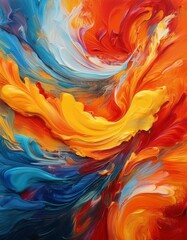 Artwork vibrant swirls of red, orange, yellow, and blue canvas