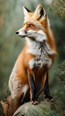Naklejka premium A fox in a natural pose, surrounded by soft foliage, with a serene light solid color background to enhance the focus on the animal,No blurriness