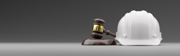 White Hard Hat and Gavel on a Gradated Background Banner with Room For Text or Graphics.