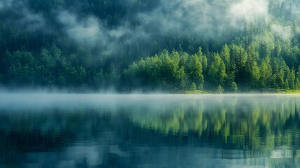 Fototapeta premium 1. A tranquil morning mist over a still lake, with gentle ripples on the water is surface reflecting the surrounding forest