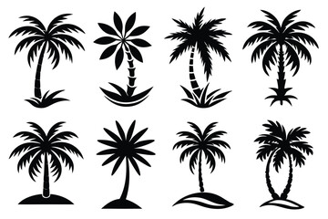 Fototapeta premium Simple Vector Palm Tree silhouette SVG icons and Beach Logo Designs in black and white and transparent background PNG file with Suns Clouds and Islands in the Ocean