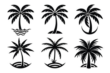 Simple Vector Palm Tree silhouette SVG icons and Beach Logo Designs in black and white and transparent background PNG file with Suns Clouds and Islands in the Ocean