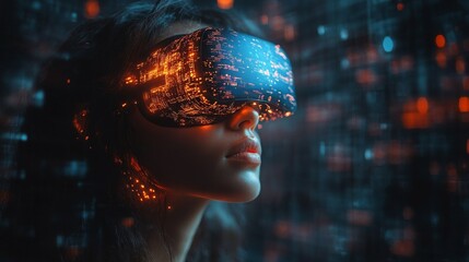 Exploring a virtual reality cyber world with immersive technology at dusk