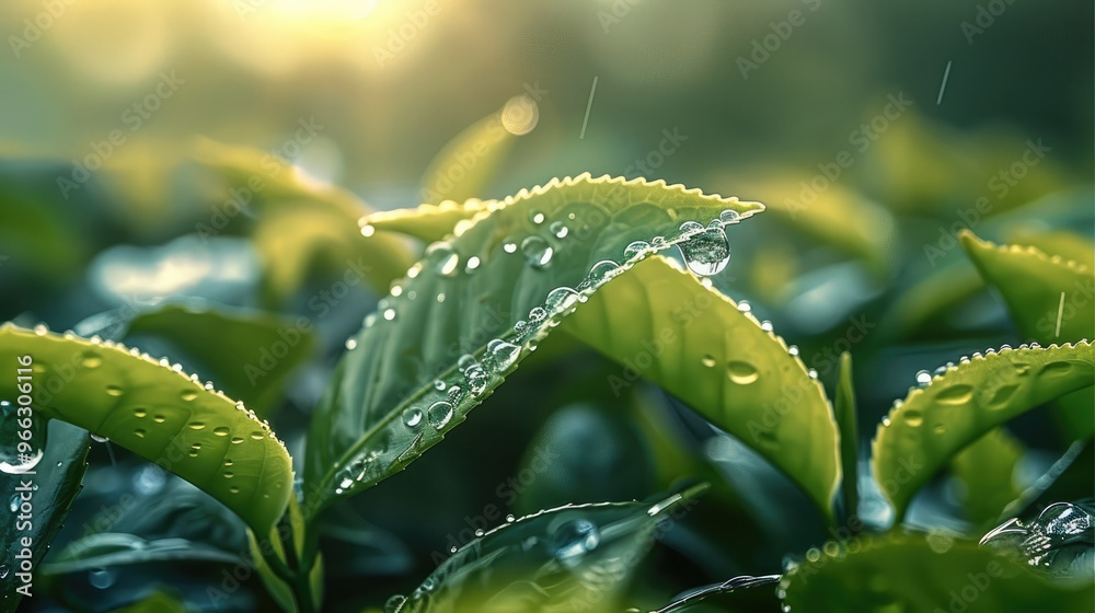 Aufkleber close-up of a tea leaf with a drop of dew bending the leaf, dew about to drip down. generative ai.