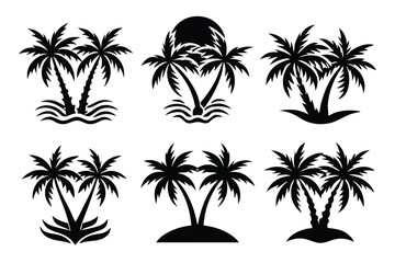 Obraz premium Simple Vector Palm Tree silhouette SVG icons and Beach Logo Designs in black and white and transparent background PNG file with Suns Clouds and Islands in the Ocean