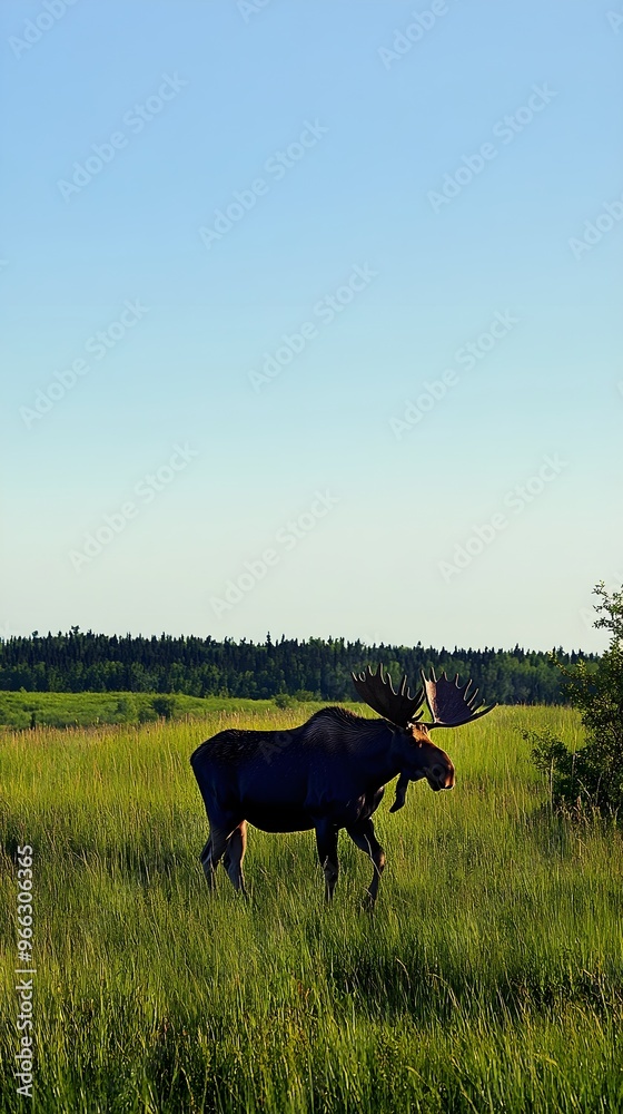 Wall mural a moose walking through a lush green meadow, with a clear blue sky and light solid color background,