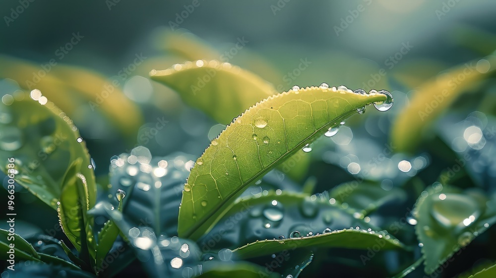 Poster Close-up of a tea leaf with a drop of dew bending the leaf, dew about to drip down. Generative AI.
