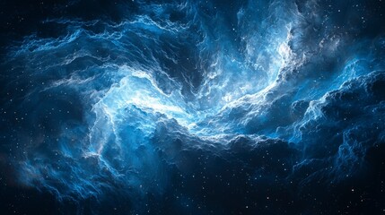 A captivating image of swirling deep blue background, resembling cosmic nebula filled with stars and ethereal clouds. vibrant hues evoke sense of wonder and mystery in universe. 