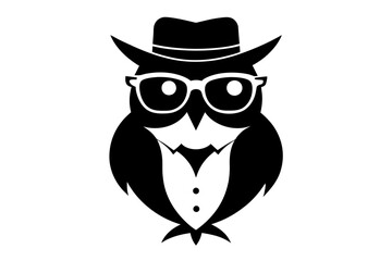 A cool vintage style owl with sun glasses, silhouette black color on the white background, vector illustration 