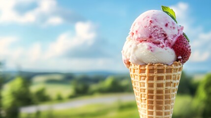 A refreshing scoop of strawberry ice cream in a waffle cone, with a soft-focus summer landscape behind it,No blurriness