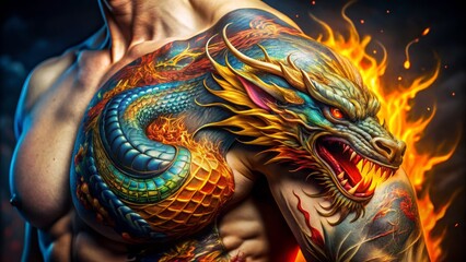 Vibrant, intricately detailed dragon tattoo design wraps around muscular arm, scales shimmering in shades of gold,