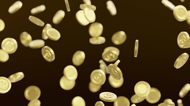 Coins with pirate scull falling on dark background. Seamless looping. 3D animation.