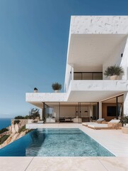 Fototapeta premium A minimalistic white concrete building with large open windows and a rooftop garden. Generative AI.