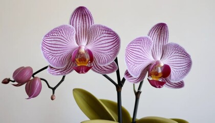 Pink Orchid Flower with White Stripes Close Up on a White Background