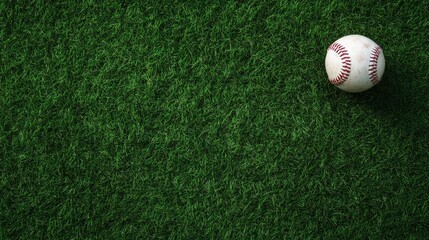 An overhead view of a single baseball resting on a lush green grass field. The baseball is positioned in the upper right corner of the frame