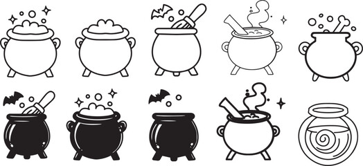 Asset line art witch cauldron 2d flat illustration freehand drawing style object game graphics resource icon round pot props Halloween clip art cauldron with potion bat broom black and white graphic 