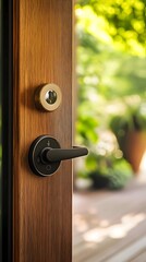 Obraz premium A close-up of a smart lock on a wooden front door, with soft natural lighting highlighting the details,No blurriness