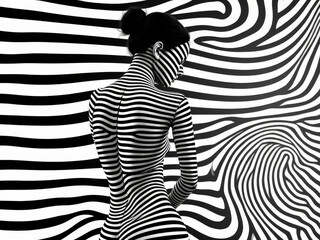 Black and White Optical Illusion of Woman’s Silhouette Covered in Striped Pattern, Creating a Surreal Visual Effect