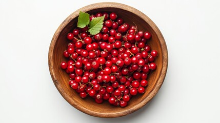 Ripe red currants in a wooden bowl, viewed from above. The vibrant color of the fruit contrasts beautifully with the warm brown of the bowl, suggesting freshness, health, and natural sweetness.