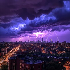 Fototapeta premium Fierce Lightning Storm Over City with Purple Hue