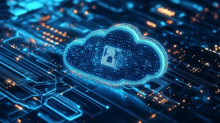 This 3D  depicts a digital cloud with a lock symbol embedded within it, symbolizing data security, cloud protection, digital security, secure data storage, and cyber defense.