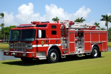 Fire truck demonstration  hose deployed and connected to water source for fire suppression