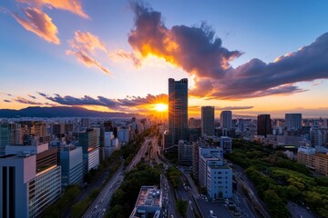 Naklejka premium Osaka cityscape in the early morning, as the first rays of sunlight hit the buildings and commuters begin to fill the streets