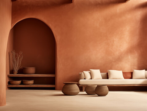 Wabi sabi and japandi japanese style rustic interior in in white, neutral and terracotta with wood, pottery and texture elements