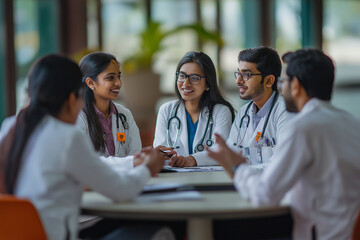 A group of doctors are sitting around a table, smiling and talking to each other