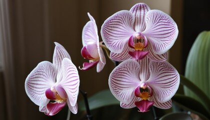 Pink Orchid Flower with White Stripes Close Up 