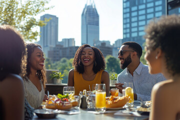 A group of people are sitting at a table with food and drinks