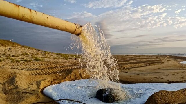 Abwasser mit wei&szlig;em Schaum sprudelt aus gro&szlig;em Abwasserrohr am Strand in den Sand und flie&szlig;t direkt ins Meer, Umweltschutz, Umweltverschmutzung, Abwasser, Gesundheit, Industrieabwasser
