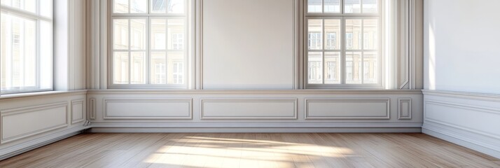 Fototapeta premium This image showcases a newly renovated apartment with two large windows, hardwood floors, and white walls. The room is bright and airy
