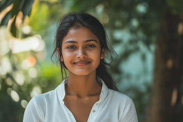 A woman with dark hair and a white shirt is smiling