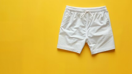 Vibrant Mockup of Plain White Boardshorts on a Bold Yellow Background – Ideal for Beachwear Branding, Summer Fashion Promotions, and Activewear Marketing Visuals