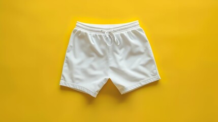 Fototapeta premium Vibrant Mockup of Plain White Boardshorts on a Bold Yellow Background – Ideal for Beachwear Branding, Summer Fashion Promotions, and Activewear Marketing Visuals