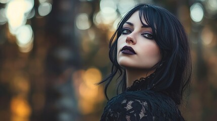 Fototapeta premium A woman with dark hair and makeup poses in a forest setting, exuding a mysterious vibe.