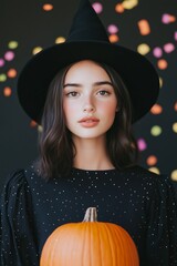 brunette woman facing forward with long bob haircut wearing black dress and black pointy witch hat close up holding a pumpkin, black background