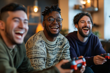 Three men are laughing and playing a video game together