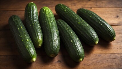 several whole cucumbers are displayed on a rustic wooden surface with one cucumber sliced.